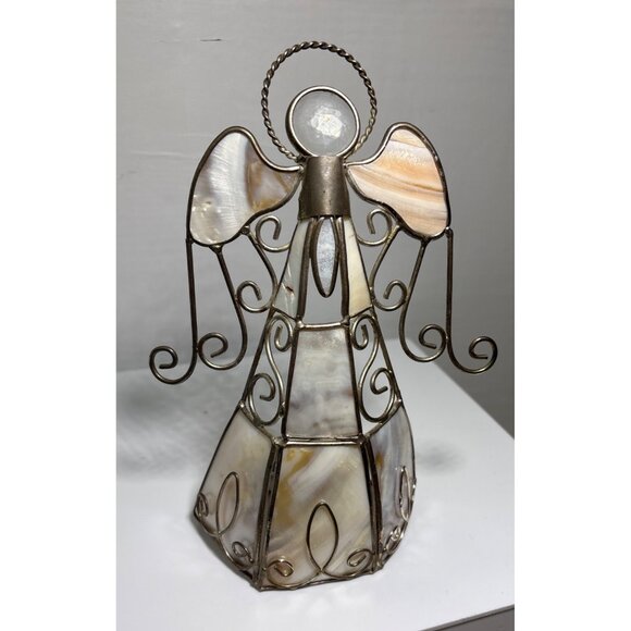 Set Of 3 Angel Figurines With Stained Glass Gold Mesh & Ceramic Design - Picture 7 of 8